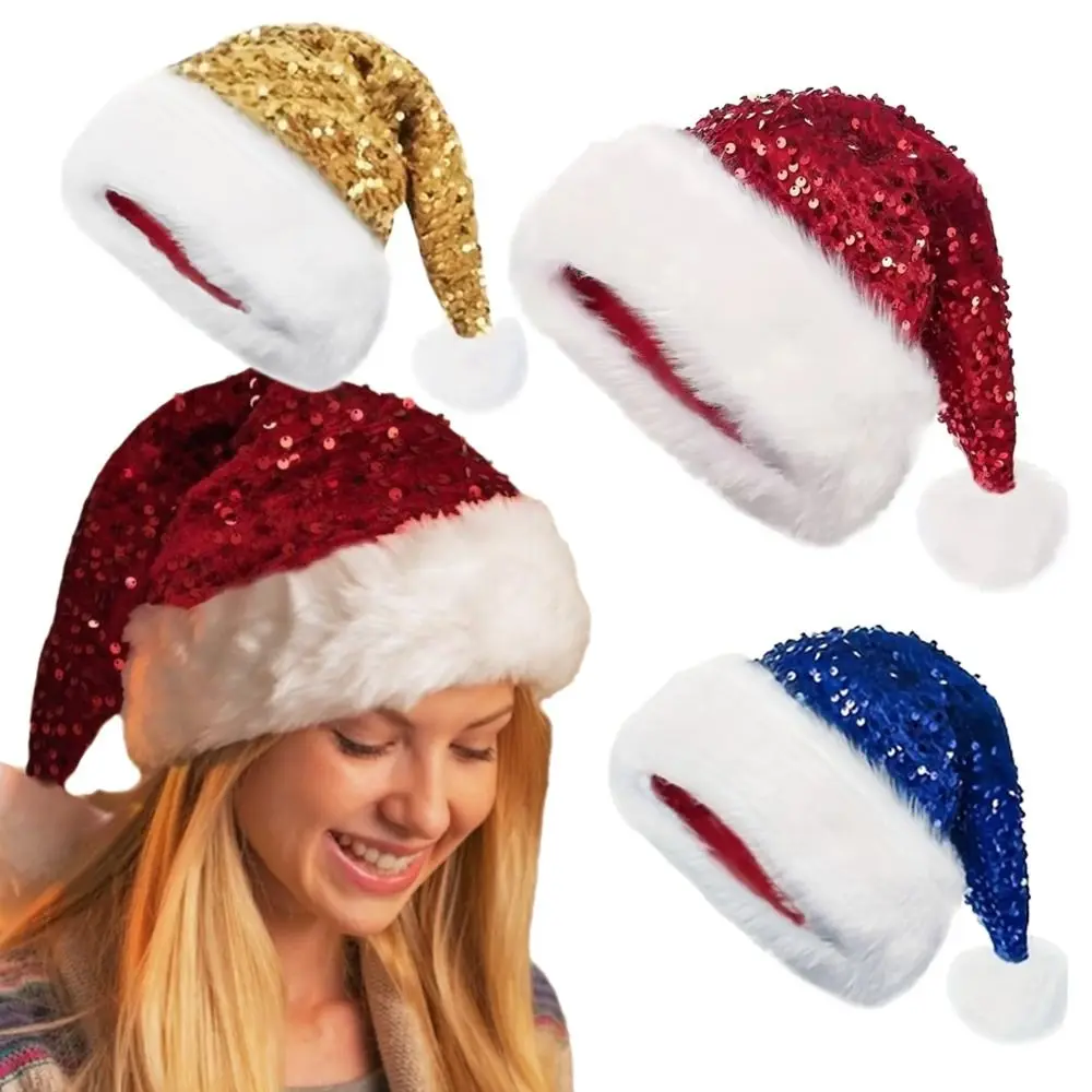 New Red Glitter Christmas Santa Claus Hat Glittery Sparkly Extra Thicken New Year Xmas Cap Soft Velvet Sequin Santa Hat Unisex