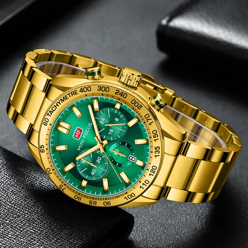 High End MINI FOCUS MF0403G Business Watch Men Waterproof Luminous Hands Big Dial Gold Stainless Steel Band Quartz Watches