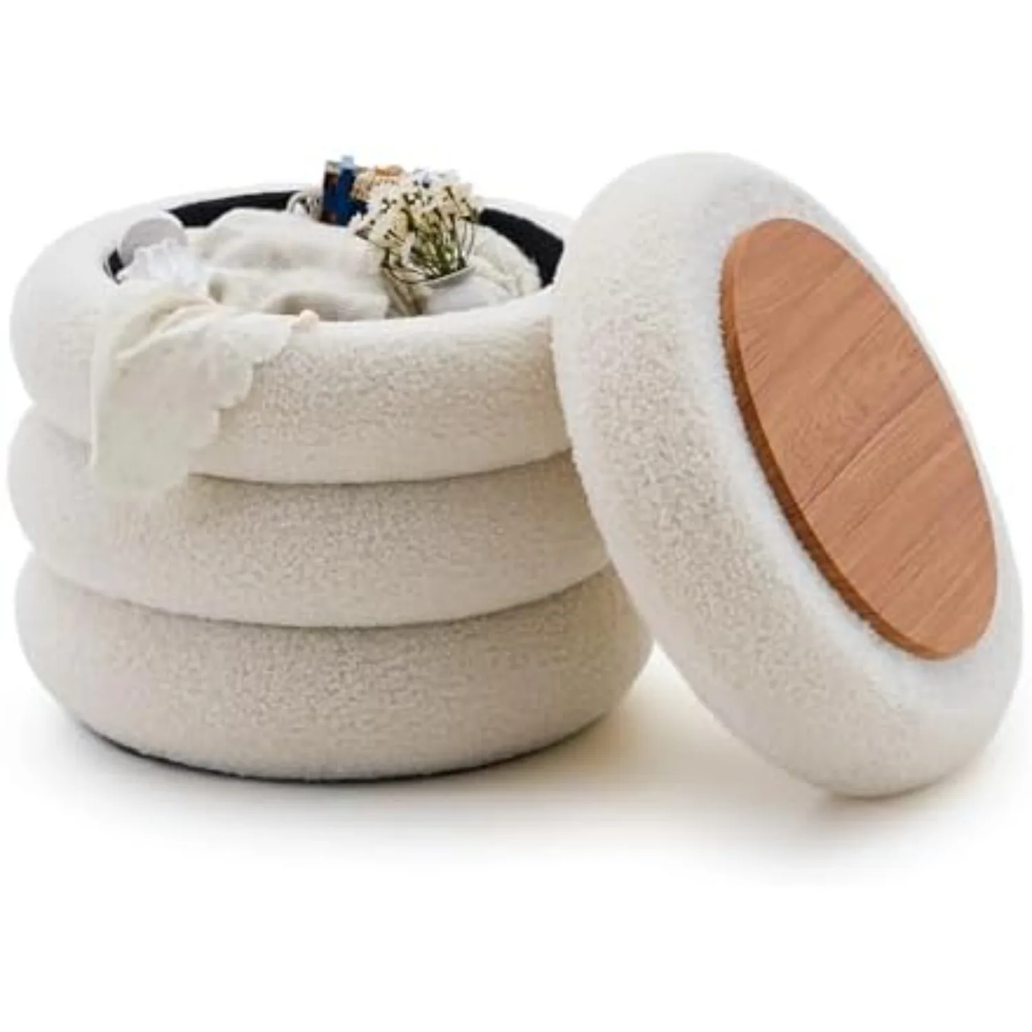 Round Storage Ottoman, Modern Sherpa Footstool, Teddy Vanity Stool with Flip-Top Tray, Makeup Chair for Home Decor