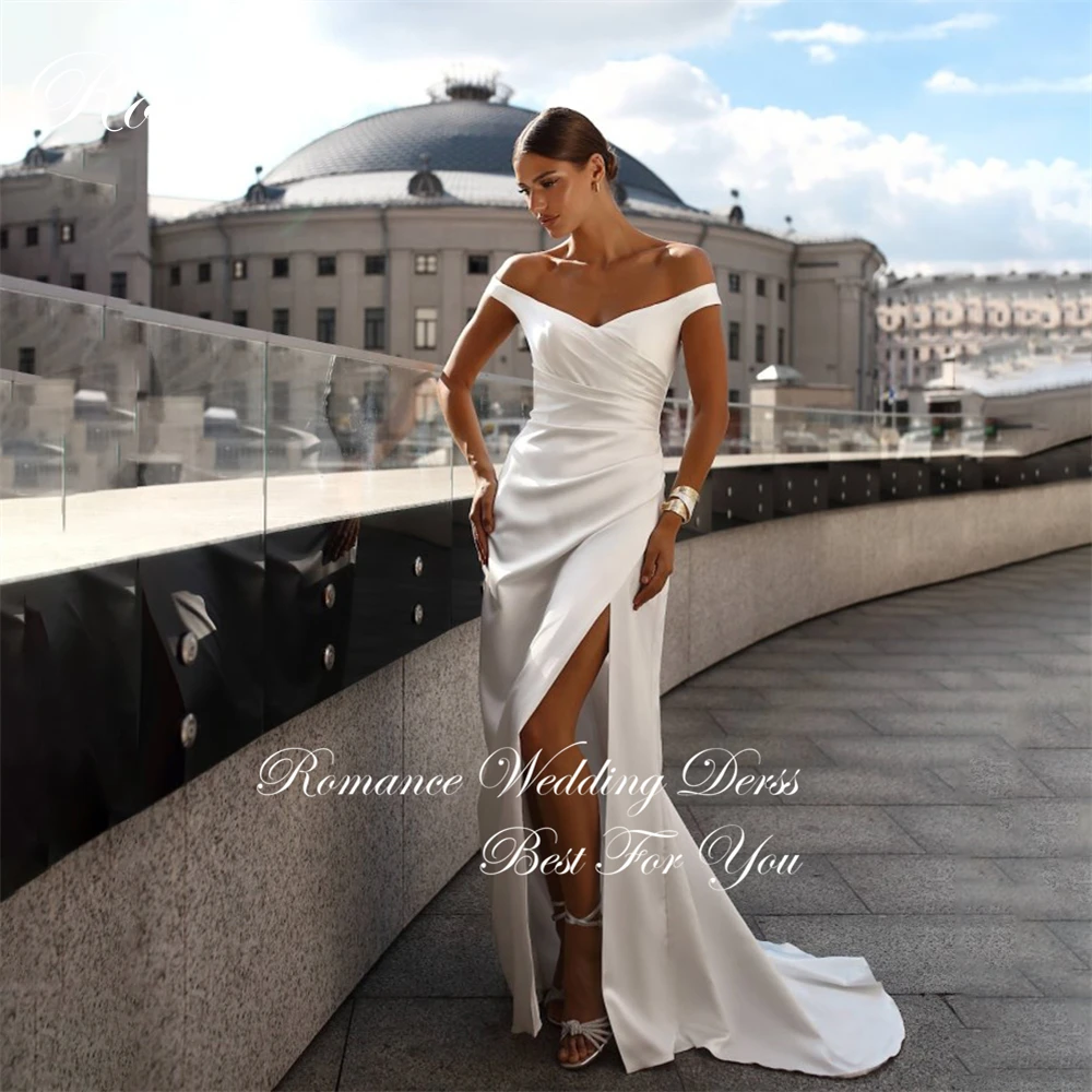 Vestido De Novia De sirena con hombros descubiertos, sencillo, con pliegues, cuello en V, lado alto, espalda abierta, personalizado