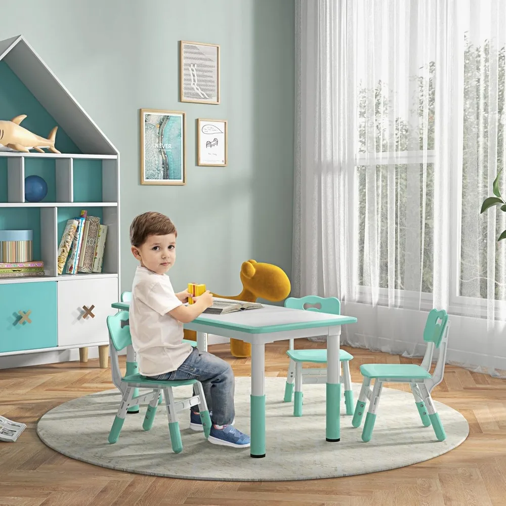 Conjunto de mesa e cadeira infantil, conjunto de mesa e cadeira para crianças de 5 peças com 4 cadeiras de altura ajustável, para lanche