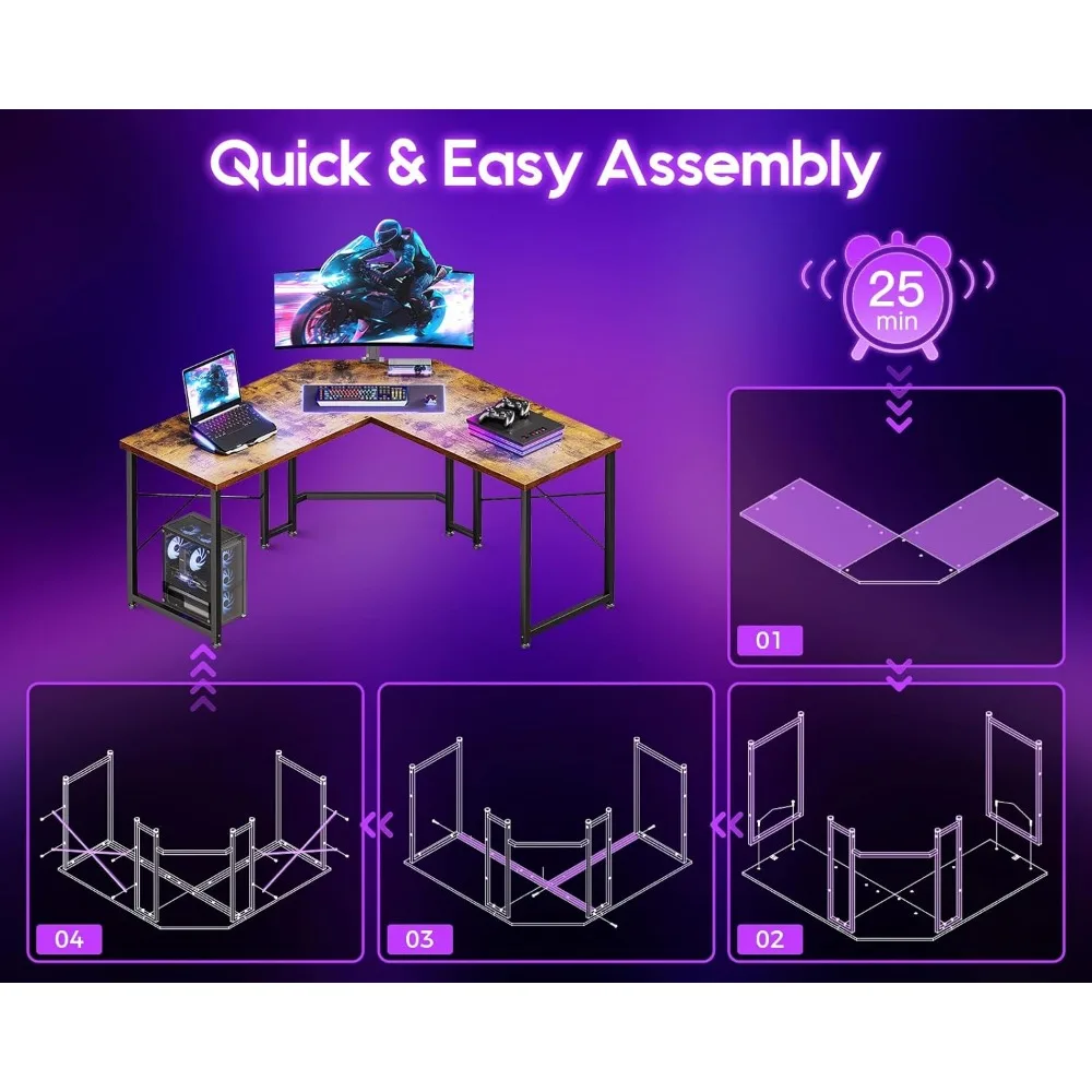 مكتب ألعاب على شكل حرف L مقاس 51 بوصة، محطة عمل متينة لطاولة الزاوية للمكتب المنزلي، الكتابة، الألعاب، مكتب كمبيوتر لـ Sma