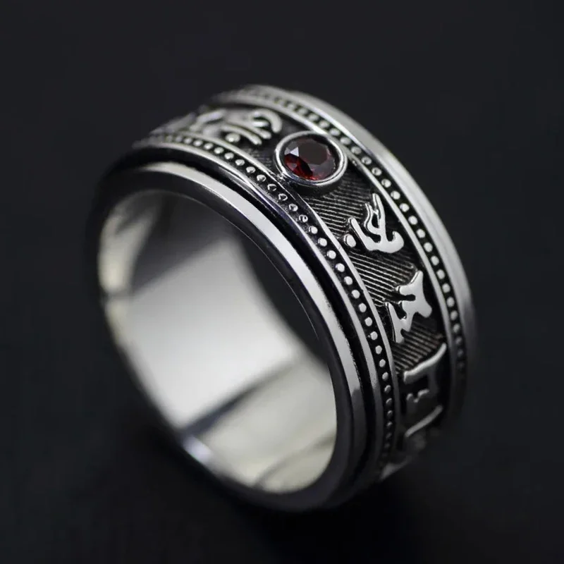 Classic 925 Silver Six-character Mantra Red Crystal Mens Rings Retro Fashion Rotatable Gentleman Banquet Jewelry gift