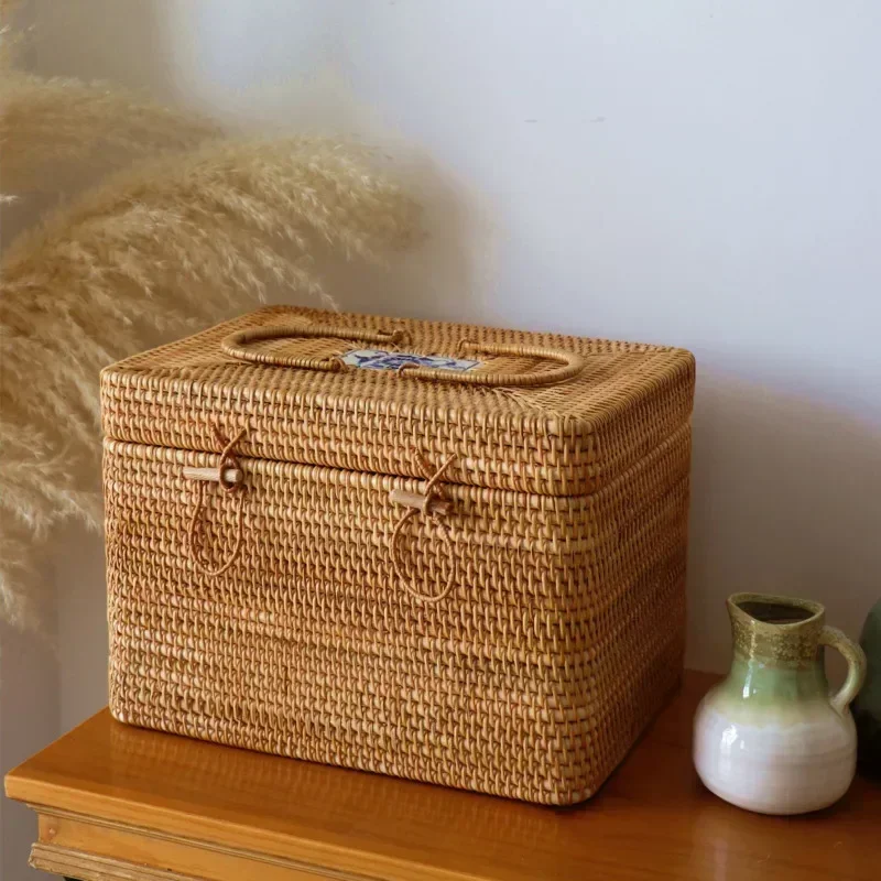 

Home Portable Storage Basket With Cover Organizer Boxes Handmade Vine Weaving Tea Set Storage Exquisite Practical Storage Case