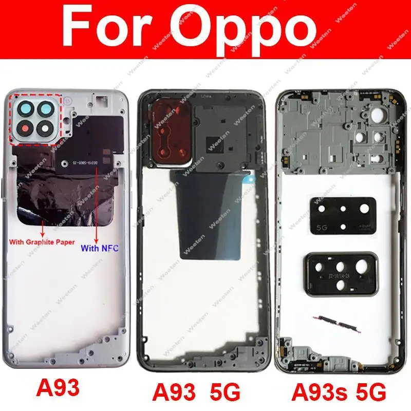 Carcasa media para OPPO A93, A93s, 4G, 5G, bisel de cubierta de Marco medio con botón lateral NFC, piezas de marco de lente de cámara