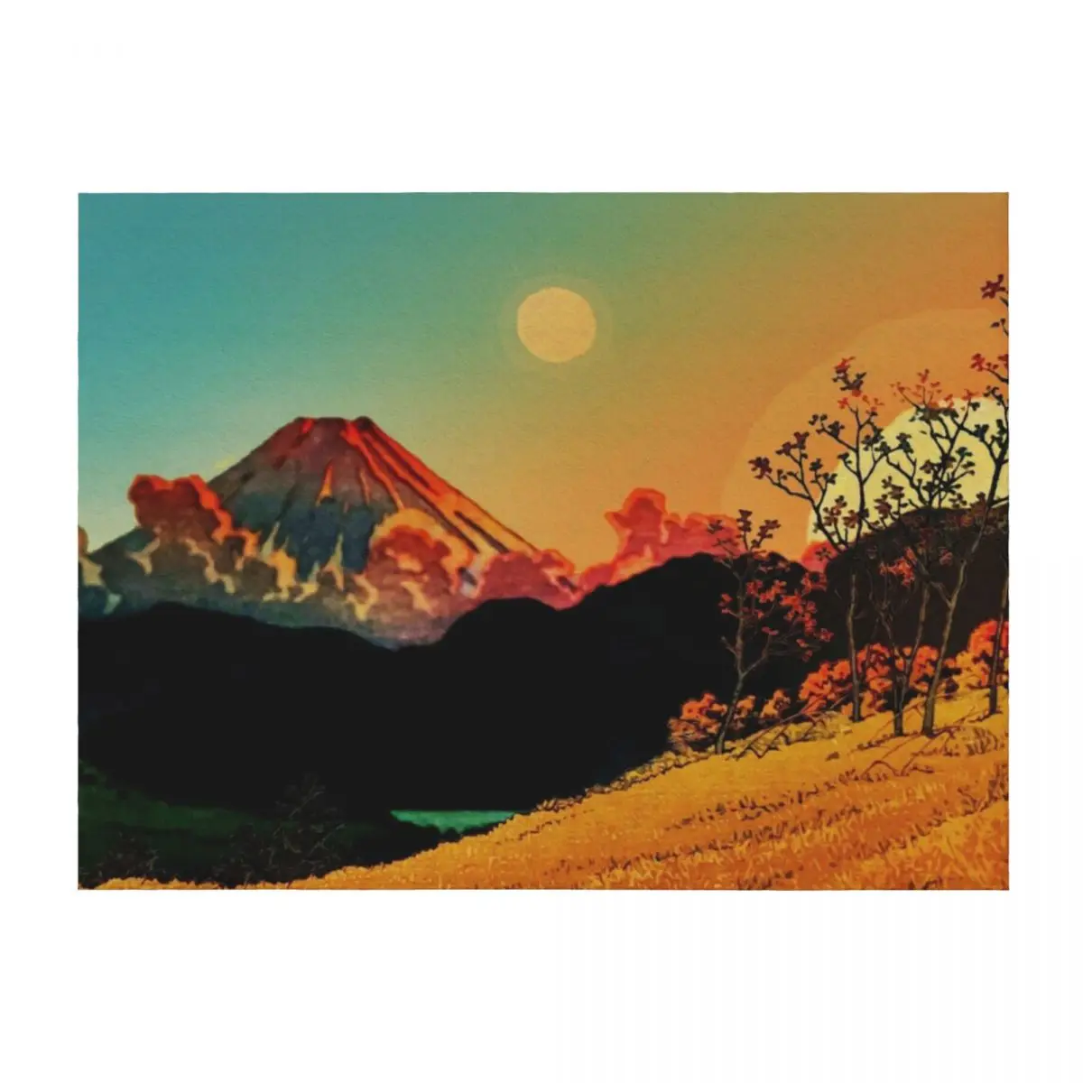 

New Year Morning in Shades of Orange and Blue - Nature Landscape of Mountain, Sun and Moon Throw Blanket anime Blankets
