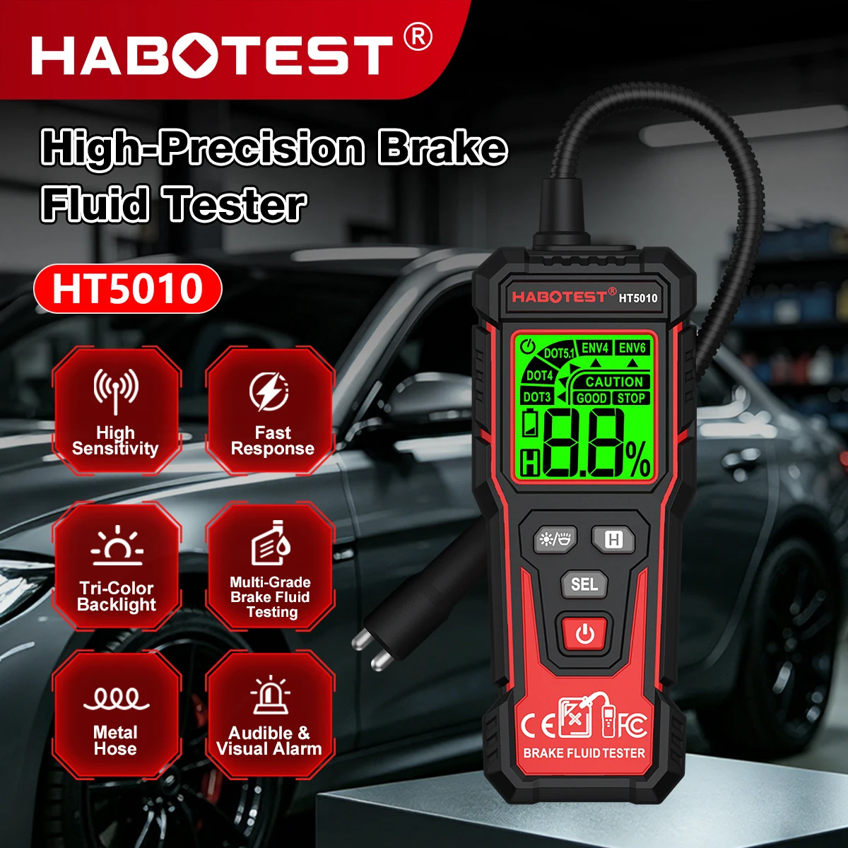 HABOTEST HT5010 Digital Brake Fluid Tester Auto Car Brake Oil Moisture Detector DOT3,DOT4,DOT5.1,ENV4,ENV6 Probe Brake Oil Teste