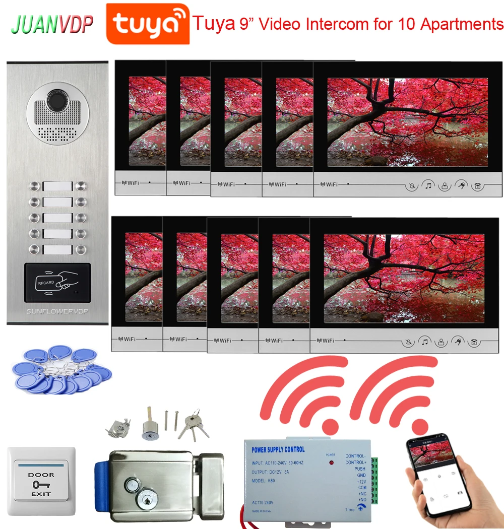 

10 lines 9inch Tuya Video Door Phone Intercom Doorbell With RFID HD IR Outdoor Waterproof Camera Inductive Card Video Door Phone