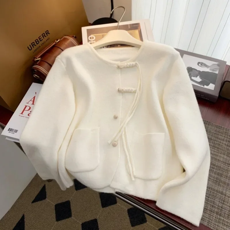 女性用長袖ニットカーディガン,ラウンドカラー,中国風,秋冬ファッション