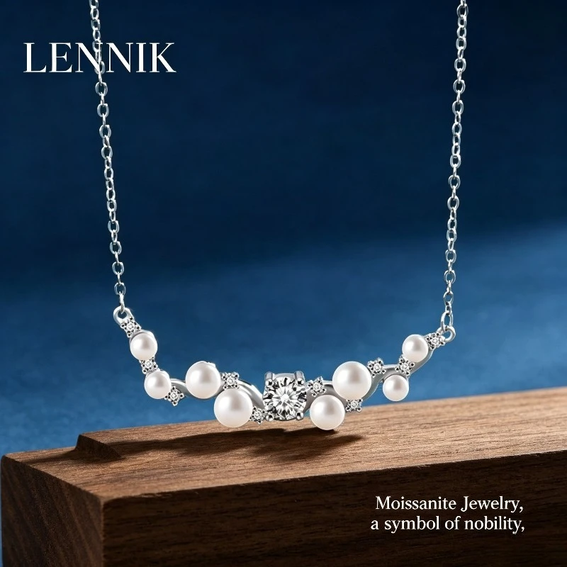 

LENNIK S925 Sterling Silver Natural Freshwater Pearl Moissanite Pendant Clavicle Necklace Elegant Fashion Jewelry for Women