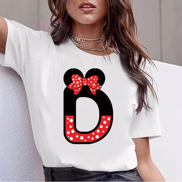 Disney Kawaii Mickey Mouse ABCDEDFHI Letters Graphic Women T-Shirt Cute Summer Blouses Loose White O-Neck Tees Short Sleeve Tops