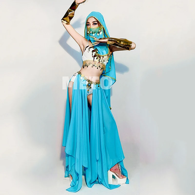 Blue Gogo แสดงเสื้อผ้า Exotic Dance เครื่องแต่งกายเลื่อมอียิปต์บิกินี่ลาก Queen ชุดสีส้มเทศกาล Rave เสื้อผ้า 3640
