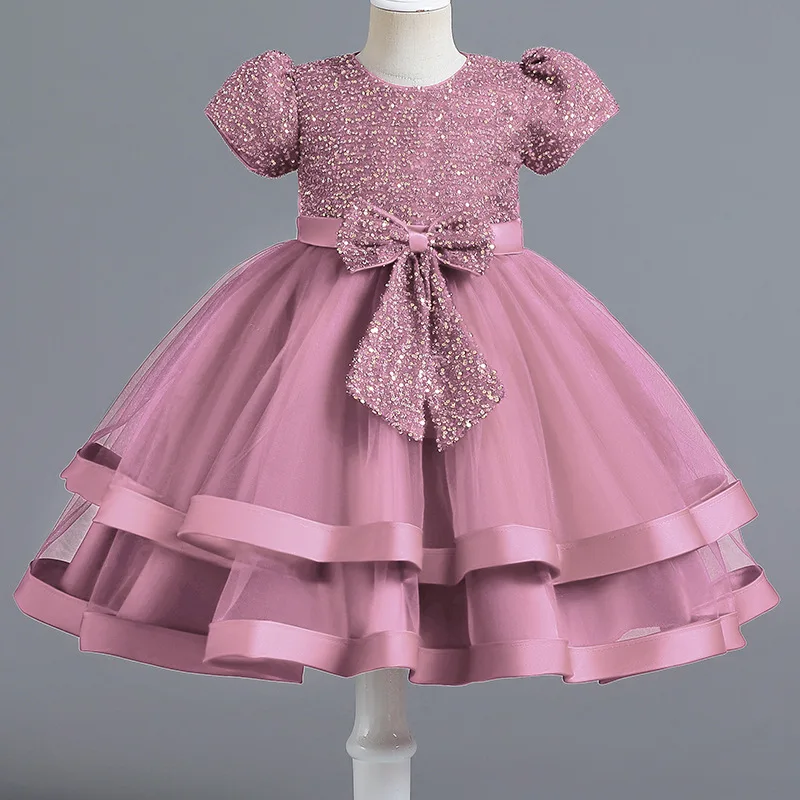 2023 Children\'s sequin bow princess dress 0-5 year old girl bubble sleeved puffy dress banquet birthday high-end performance dre