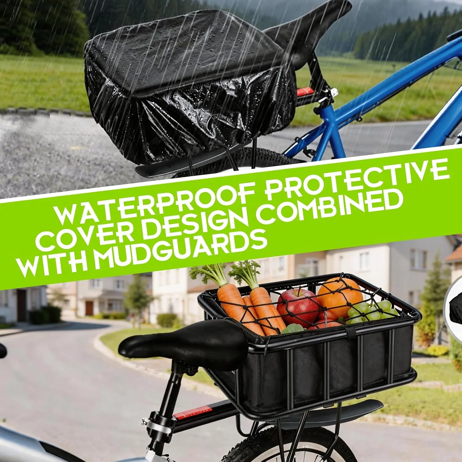 Rear Bike Cargo Rack With Storage Basket Mudguard Heavy Duty Bicycle Luggage Carrier Box Universal Mounting Accessories Aluminum Alloy Frame Waterproof Cover Net Black view 2