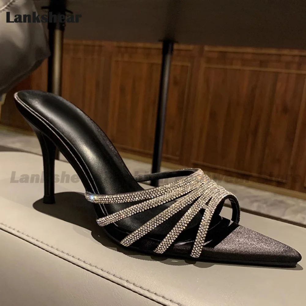 

Rhinestone High Heel Slippers Black/white Pointy Toe Mules Casual Runway Shoes Summer Women Shoes Elegant Sandalias De Mujer