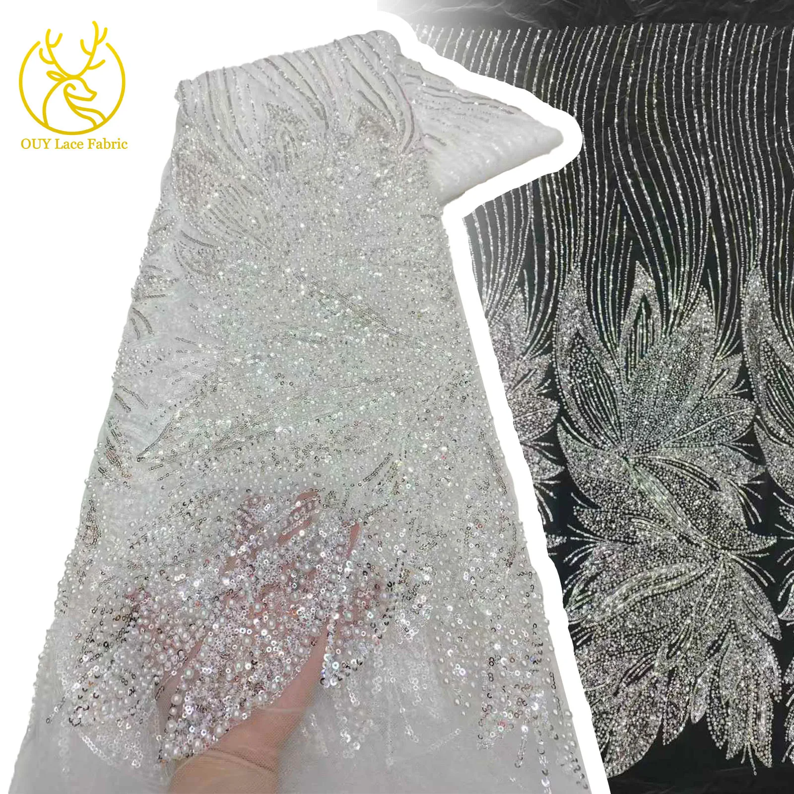 

Newest French White Mesh Lace Beaded Tulle Fabric Nigerian Lace Sequin Fabric For Women Sewing Wedding Dresses Ladies 5 Yards