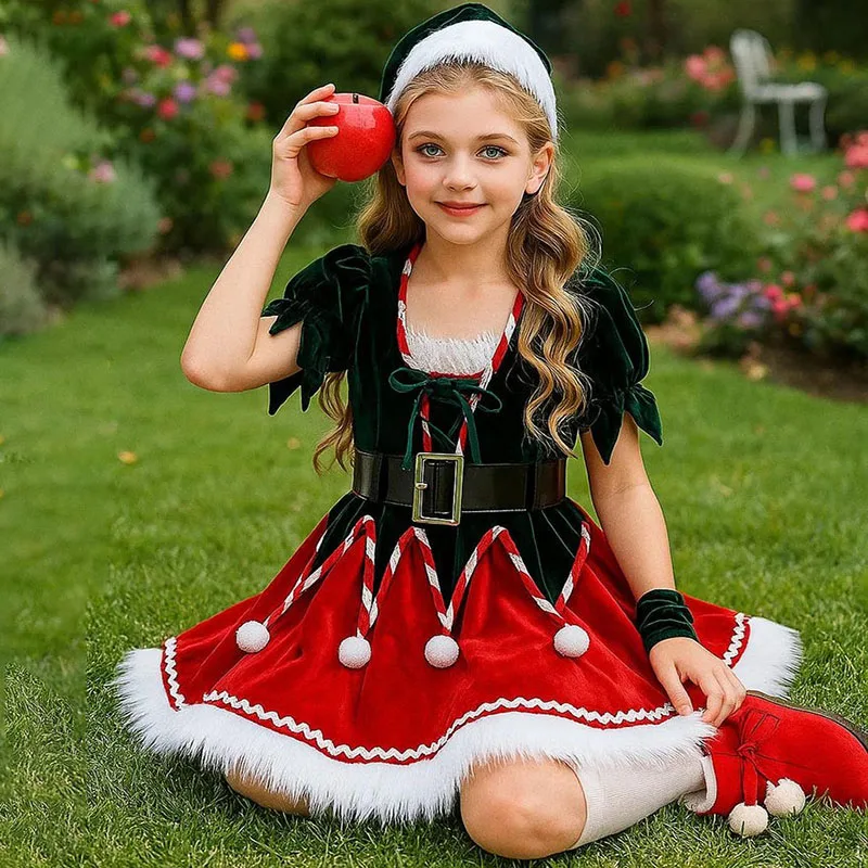 أزياء عيد الميلاد للأطفال فستان سانتا كلوز للفتيات حفلة عشية عيد الميلاد مع حزام قبعة للأطفال بدلة شتوية قطيفة للعطلات