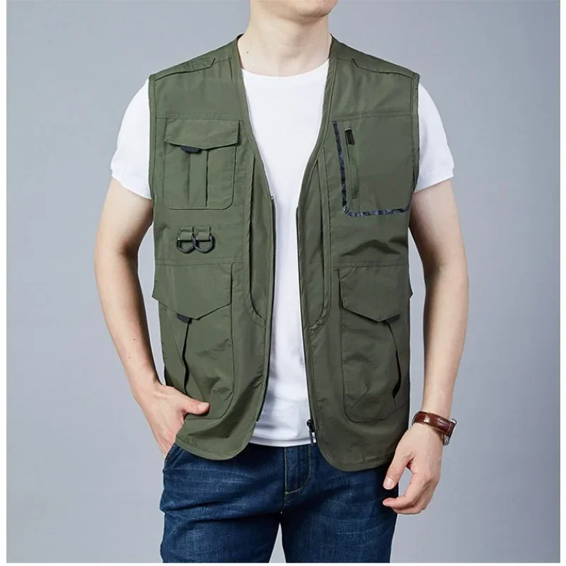 

Waterproof MAN VEST Leather Vests for Men Camping Lightweight Windbreaker Hunting Work Multi Pocket Golf Padding Embroidered Zip