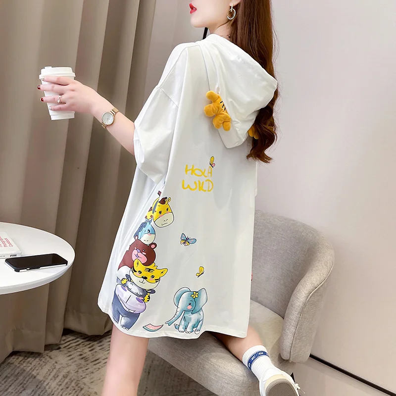 #0603 Black White Purple Hooded T Shirt Women Cotton Cartoon Printed T Shirt Short Sleeves Loose Long Streetwear T-shirt Summer