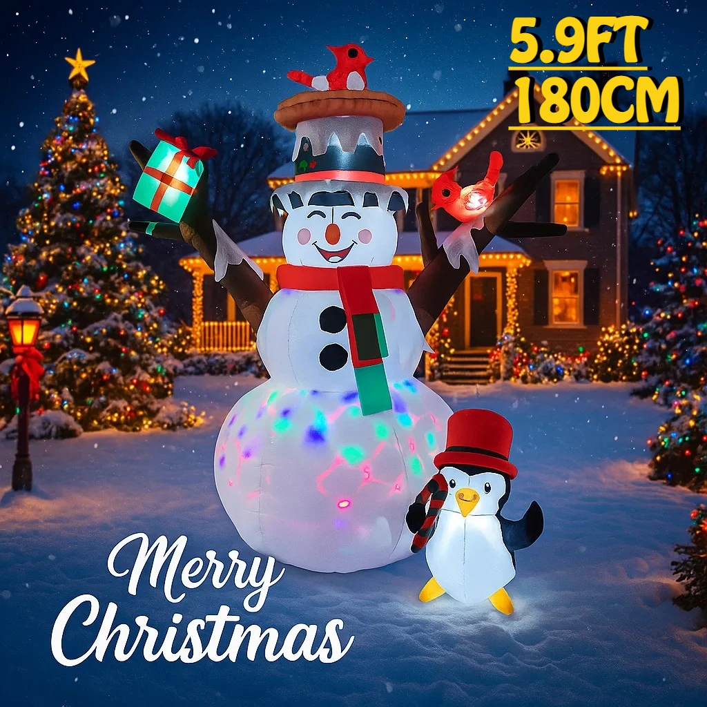1.8M/5.9FT Smiling Snowman Penguin Inflatable Model Christmas Decorations LED Lights Outdoor Holiday Decor Home Yard Party Decor