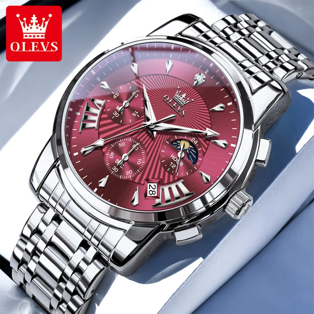 OLEVS Brand Fashion Red Watch For Men Luxury Sport Waterproof Stainless Steel Chronograph Quartz Watches Mens Relogio Masculino