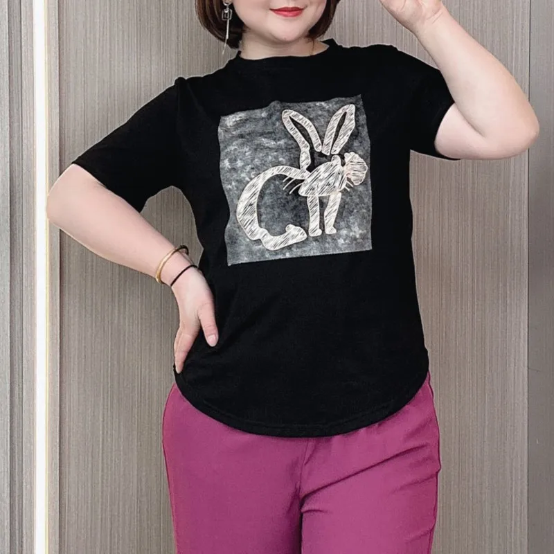 Fashion Rabbit Printed Short Sleeve Top For women, Casual T-shirt, Plus Size, Summe 2024