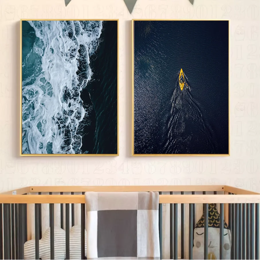 Frameless Canvas Print Ocean Wave Aerial View Sea Foam Yellow Kayak Dark Water Wall Art Home Decor