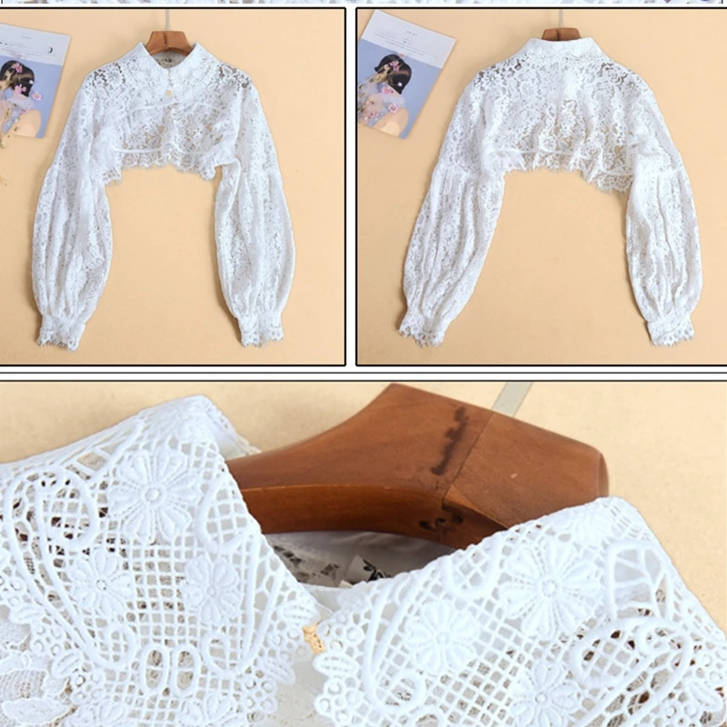 

Women Puff Long Sleeve Lapel Half Top Blouse Hollow Out Eyelash Floral Lace Detachable False Fake Collar Dickey Sweater Clothing