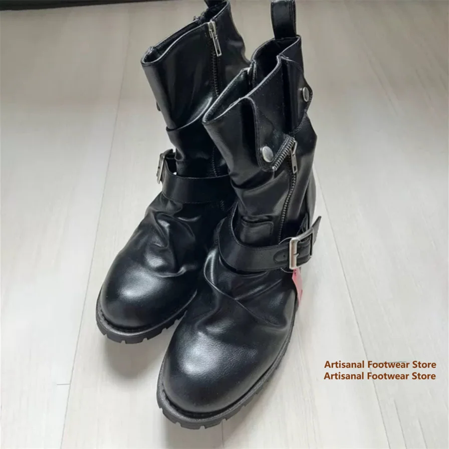 Black Leather Buckle Ankle Boots Chunky Heel Side Zipper Men's Booties Non-Slip Luxury Designer Handmade New In Men's Boots