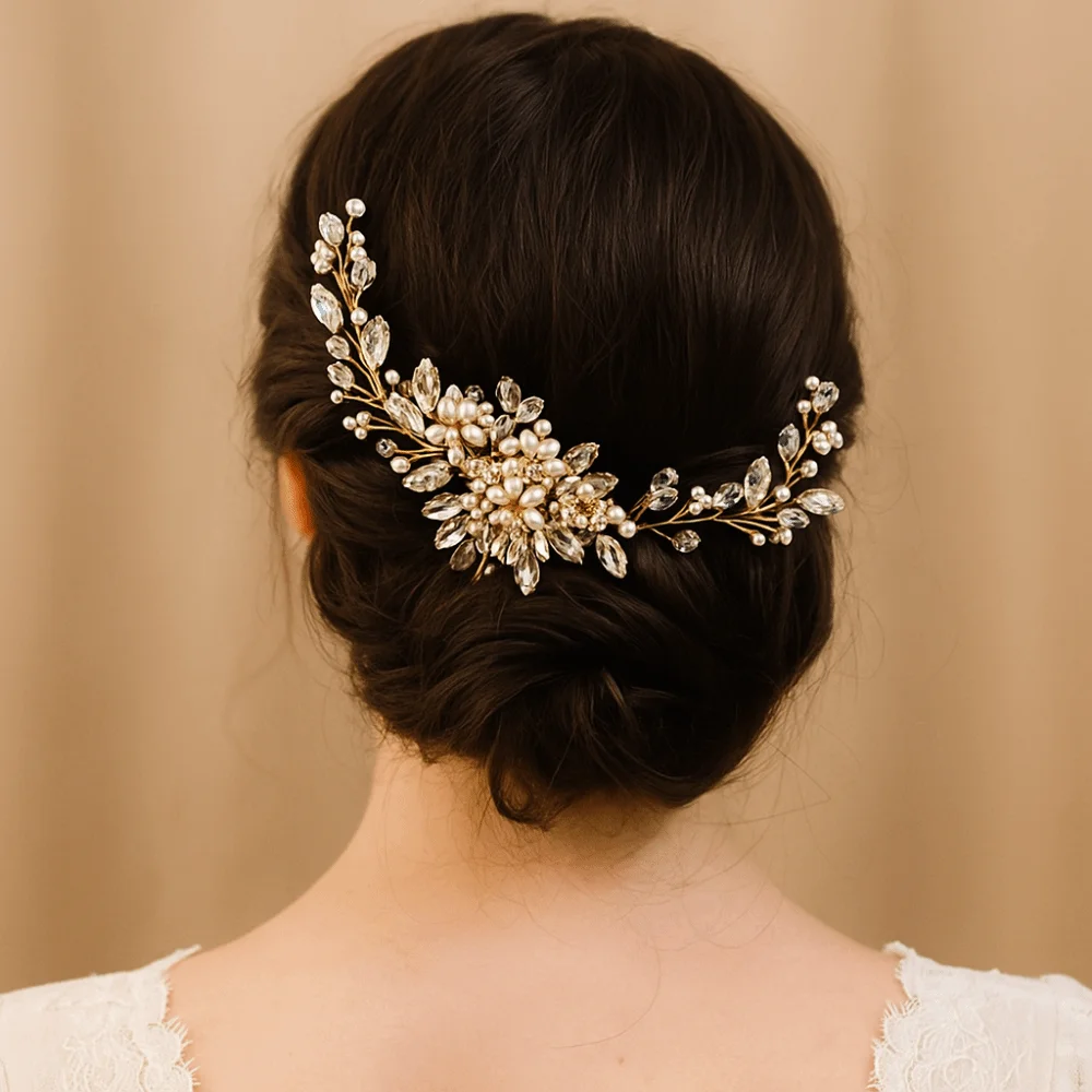 

Fashion Alloy Pearl Hair Combs Flower Hand Woven Bridal Headpiece Sparkling Jewelry Toothed Insert Comb Wedding Ceremony