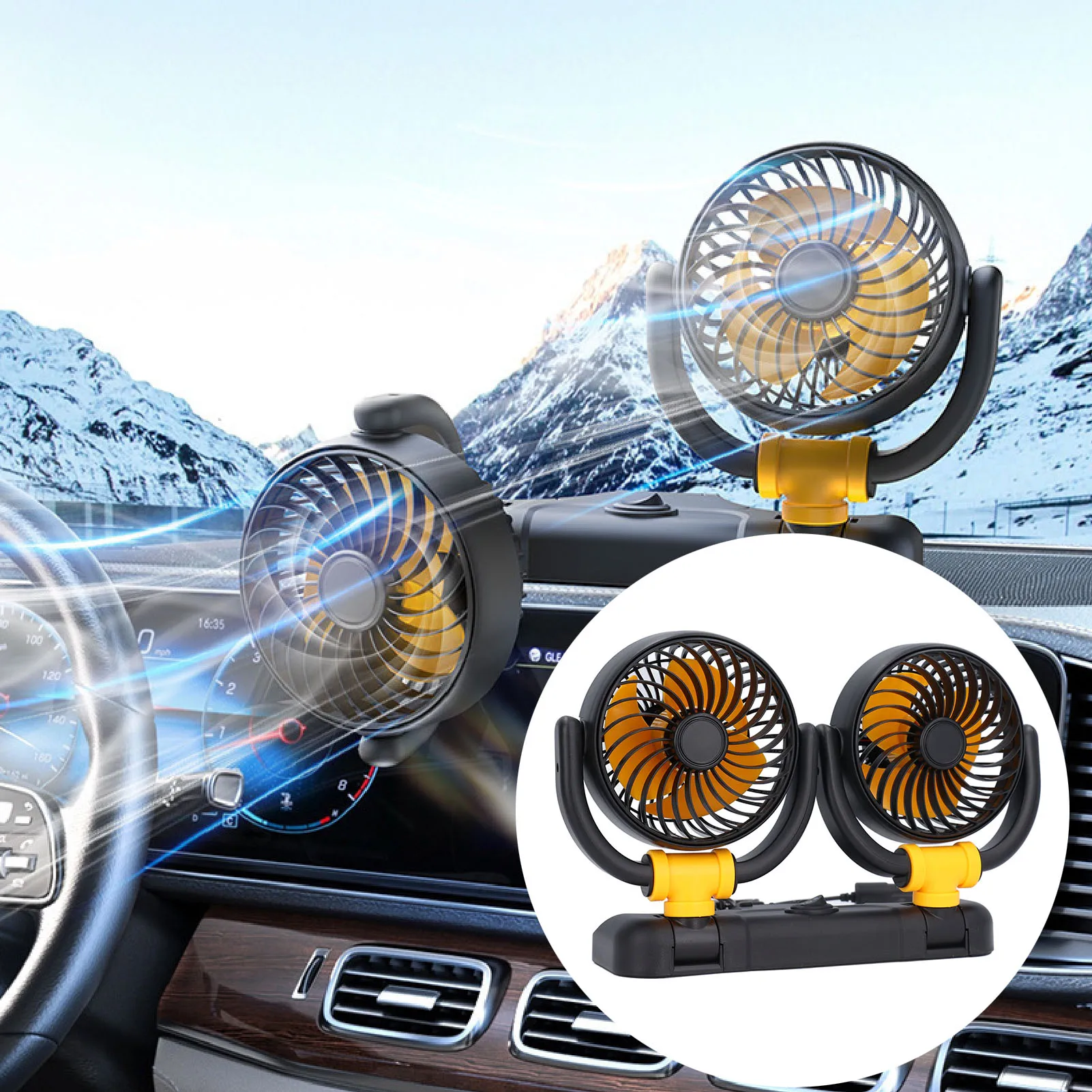 

Car Mounted Dual Head Fan Brushless Motor 2 Speed Dashboard Mount Powerful Dual Head Car Fan Portable Low Noise for Vehicle