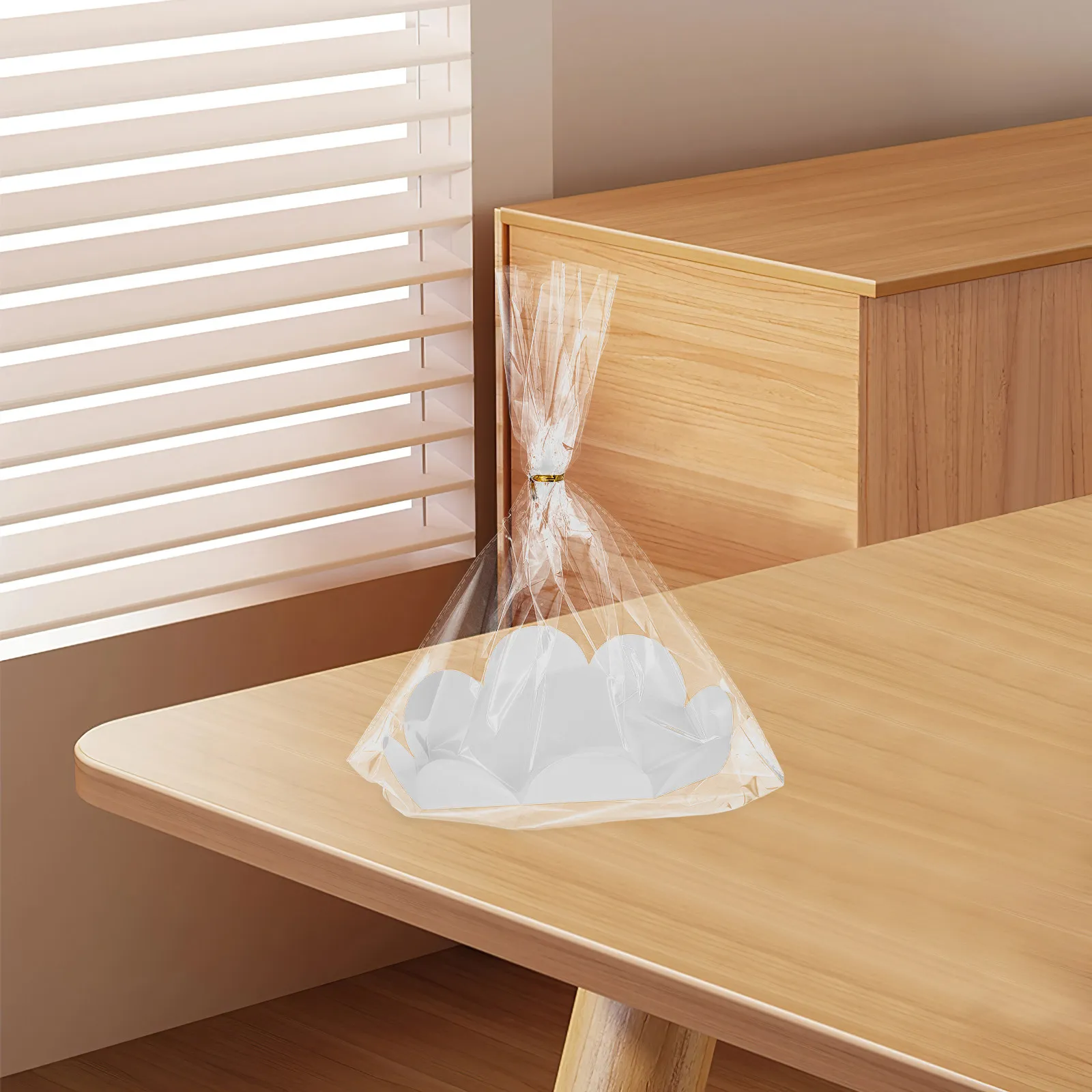 100Sets Chiffon Cake Packaging Transparent Bags Paper Tray Twist Ties Stable Support 6 Inch Cake Storage Bags Toast Bag