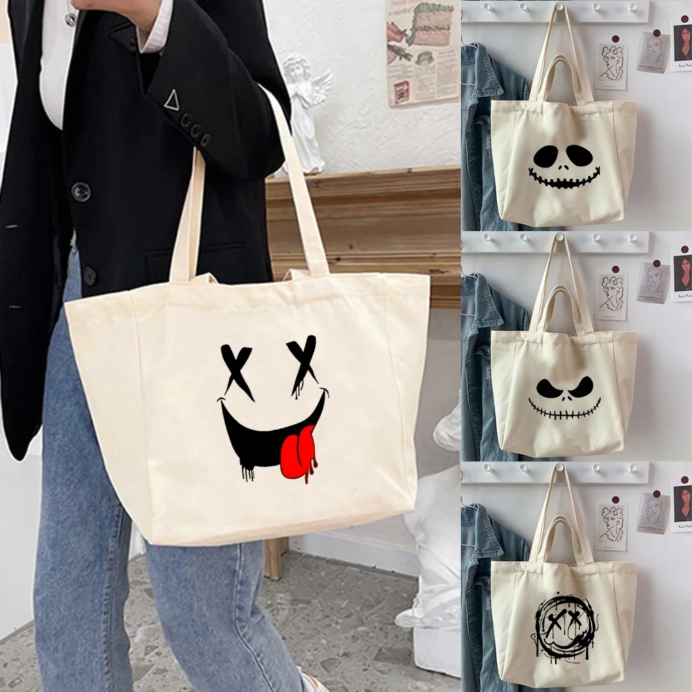 Multi Functional Shoulder Bag Women's Handbag Foldable  Canvas Hand-held Organizer Bags Reusable Shopping Bag Smile Printing