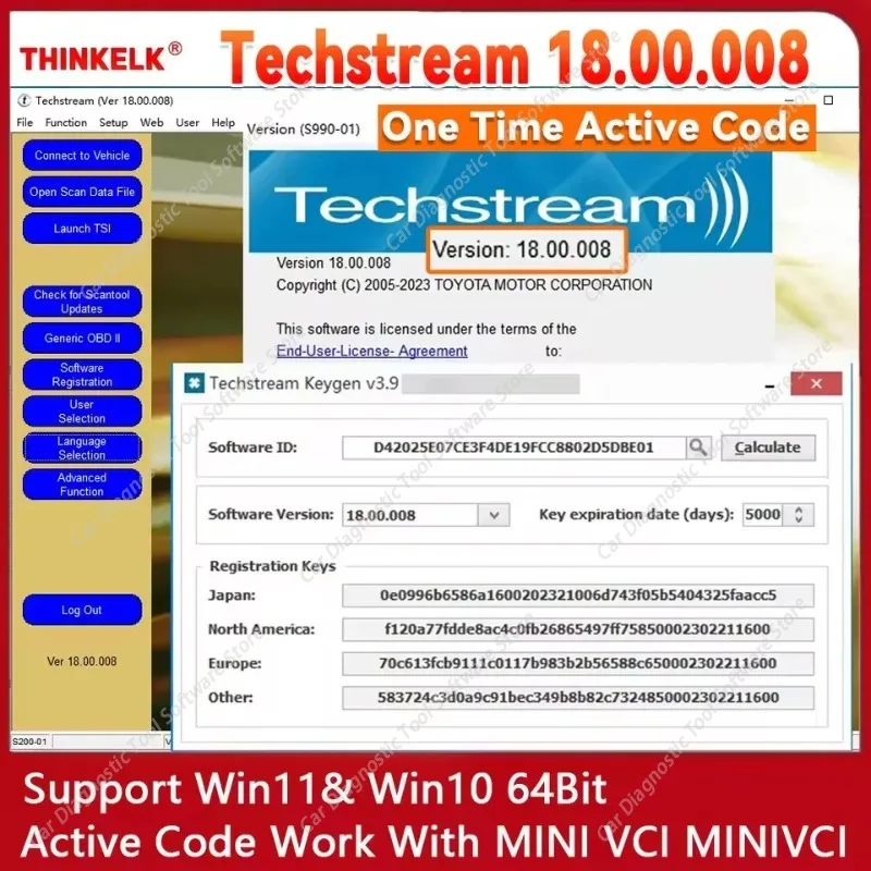 FOR  Version TIS Techstream 18.00.008 Software Link MINI VCI Auto Repair Tool Compatible with Win11/Win10 Includes Active Code