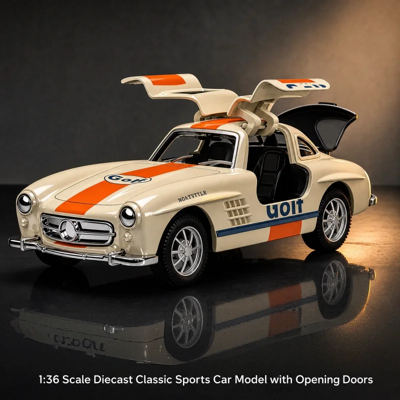 1/36Retro Classic Alloy Sports Car Model, Pull Back Diecast Vehicle, Multi Openable Panels, Metal Body Desktop Display Ornament