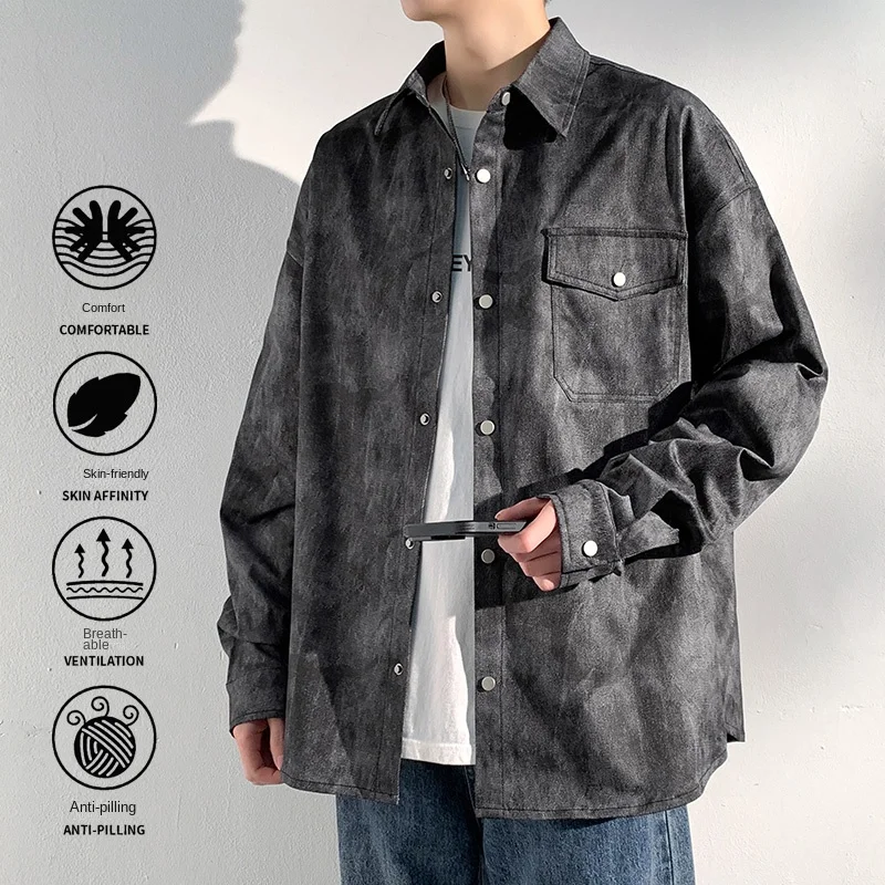 Mens Shirts Tie Dye Denim Streetwear Casual Loose Fit Button Up Top Blue Washed Cowboy Style  Blouse