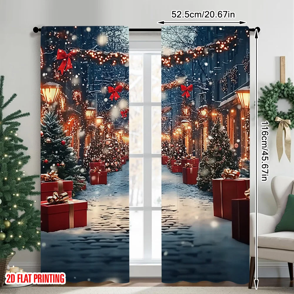 2pcs 2D flat printing Merry Christmas Scene Curtains Christmas Forest and Snow Scenery Polyester Without Electricity Family
