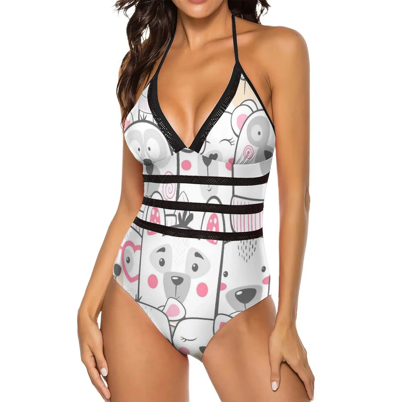 Cartoon Cute Dog Swimsuit Animal Family Print One Piece Swimwear Push Up Swim Bathing Suit Sexy V Neck Swimsuits Beach Outfits