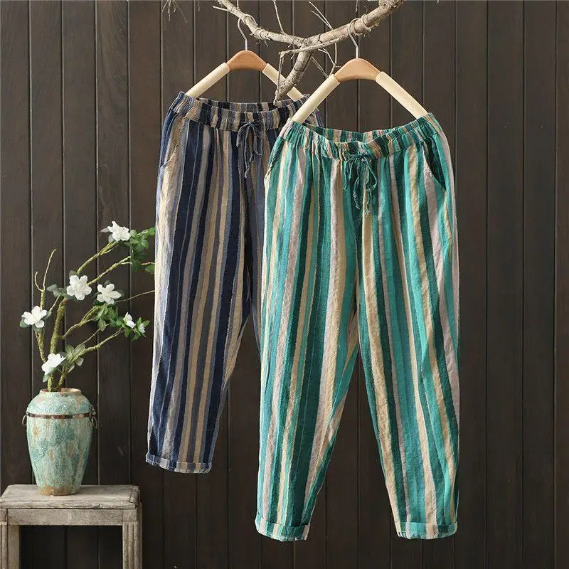 Pantaloni casual estivi da donna a nove pezzi a righe retrò Pantaloni larghi in cotone e lino di grandi dimensioni Harlan Carota Pantaloni da pendolarismo Sle Elastico...