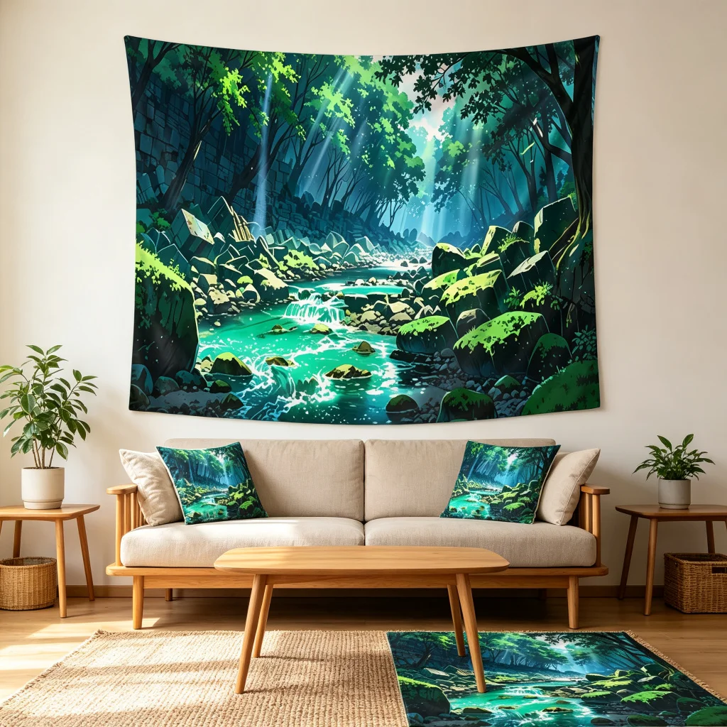 1PC Anime Forest Stream View Art Print Backdrop Banner, Bedroom Living Room Photo Background, Polyester, Home Decor, Wall Art