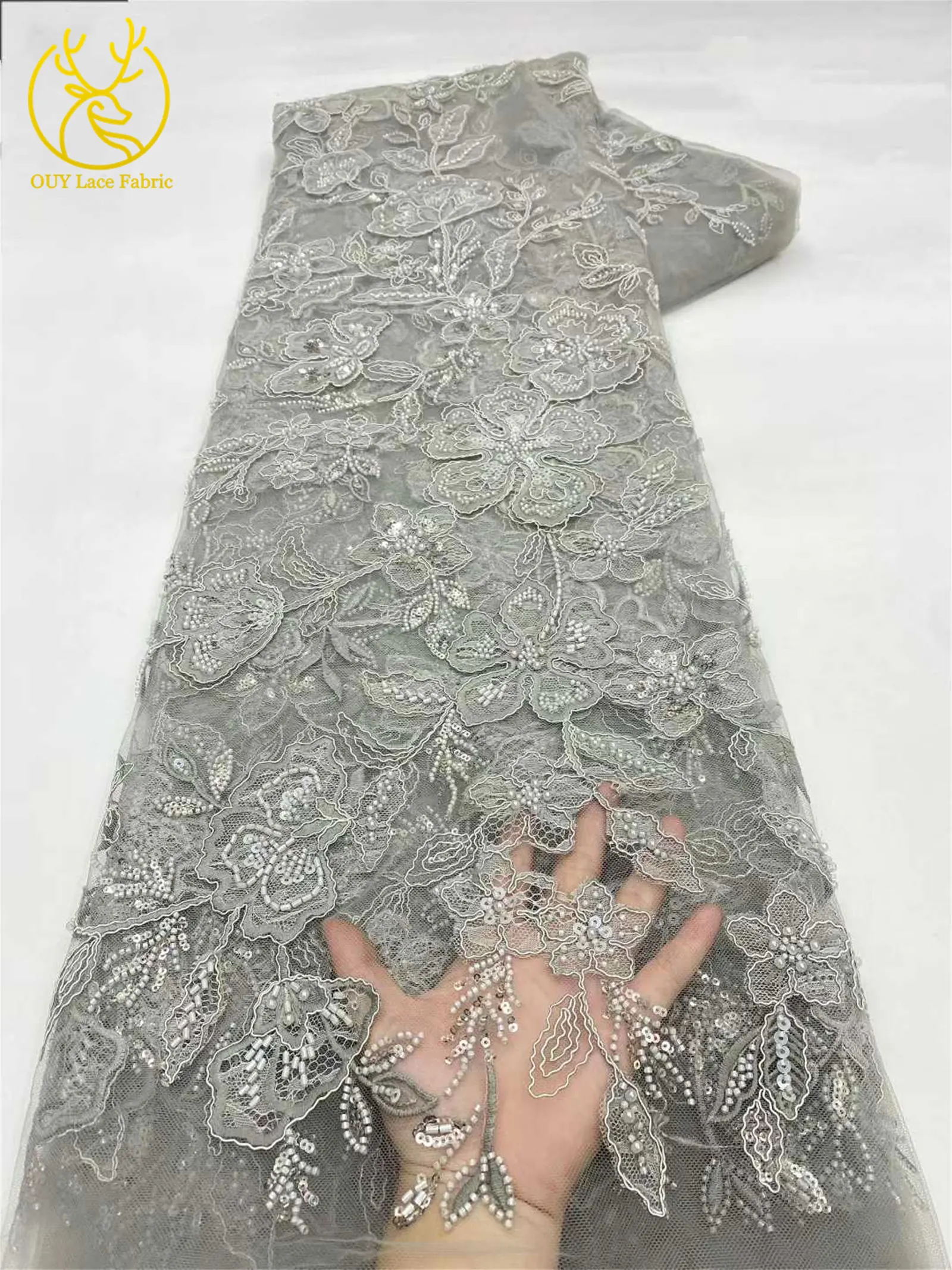 Damen Brautparty-Kleid Pailletten Tüll Bestickter Spitzenstoff 2026 Hochwertiger Nigerianischer Französischer Perlen-Spitzenstoff 5 Yards – Detail 20