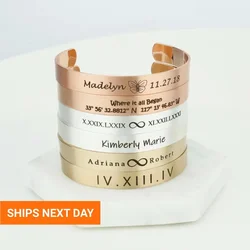 8mm Width Custom Double Side Laser Engraved Personalized Coodinates Name Date Letter Bracelet Stainless Steel Cuff Bangles Gift