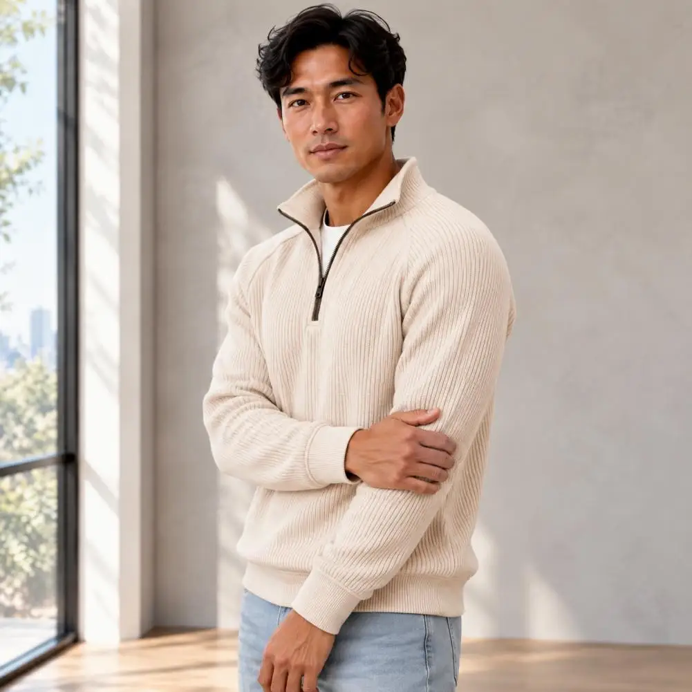 Breathable Commuter Clothing Men's Quarter Zipper Pullover Sweater Soft Knit Long Sleeve Top Casual Mock Neck Knitwear for Daily