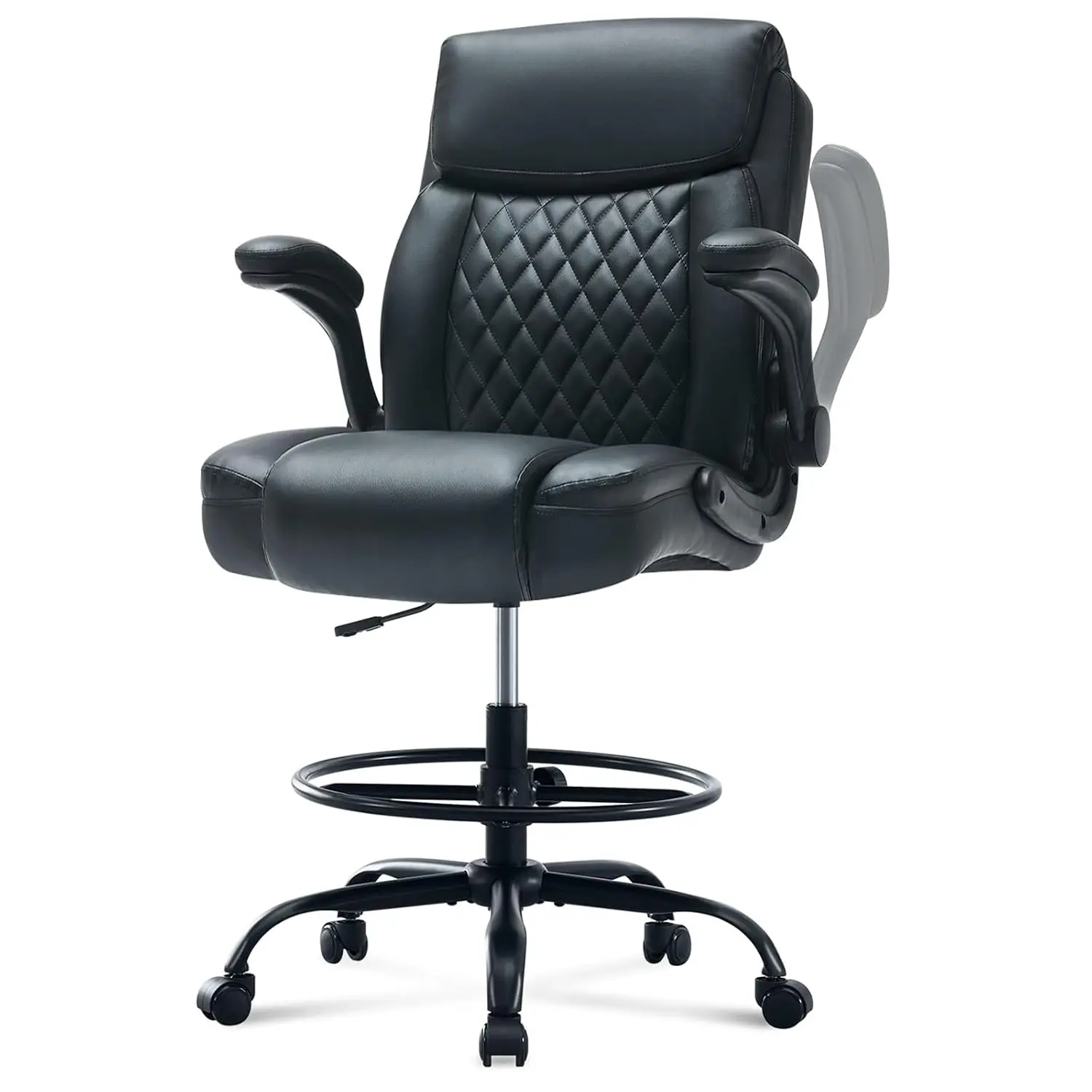Tall Drafting Chair Ergonomic Standing Desk Chair Adjustable Foot Ring Flip-Up Armrest Lumbar Support Leather Seat, Customized