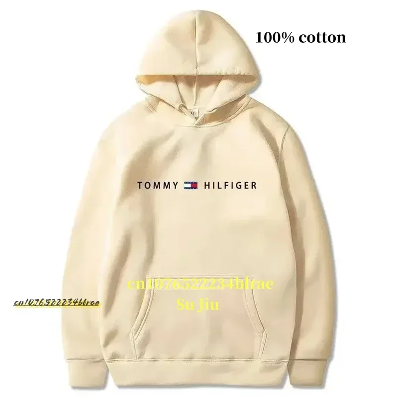 Men\'s Hooded Pullover Sweater Pure Cotton Letter Non-ironing Sweatshirt Casual Versatile Top Autumn and Winter New Tommy