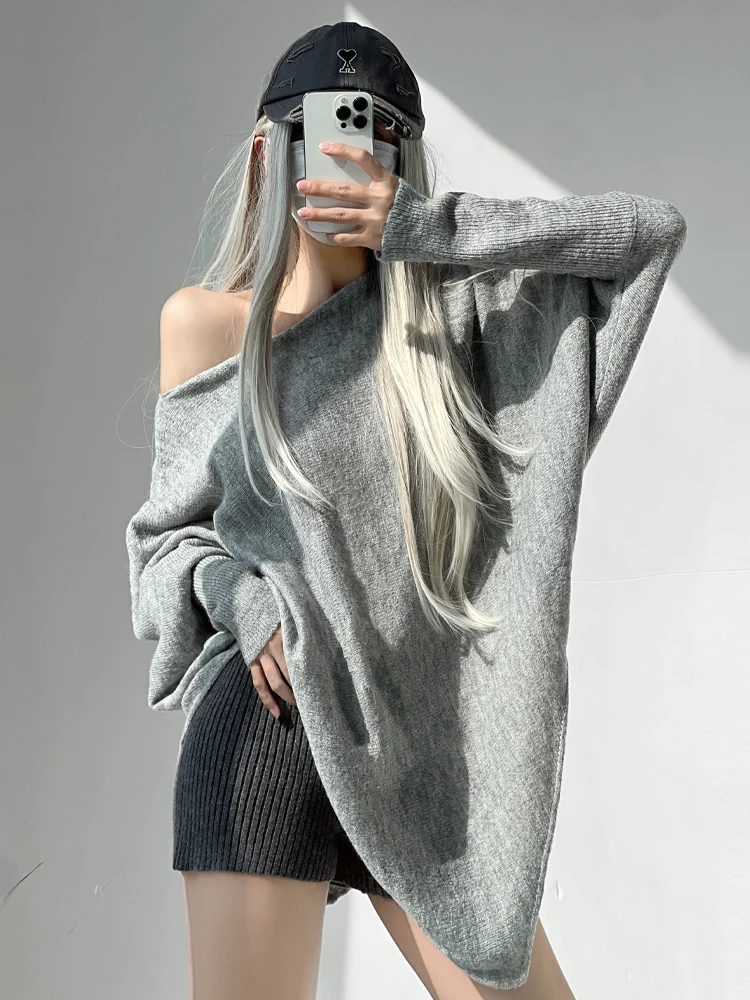

Loose Knitted Sweater Women's Batwing Sve Asymmetrical oulder Boredom Philosophy Street Sle Long Sve Mid-Length Pur...
