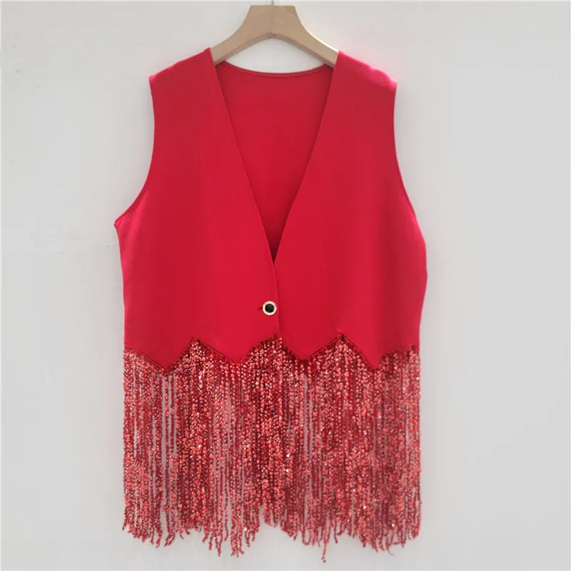 

SuperAen Women's 2025 Autumn New Fashion Design V-neck Tassel Diamond Single-button Loose Casual Vest Coats