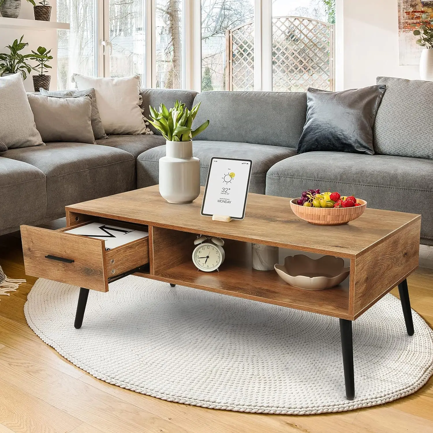 

！@Combohome Industrial Metal Leg Modern Wooden Coffee Tables for Living Room Home