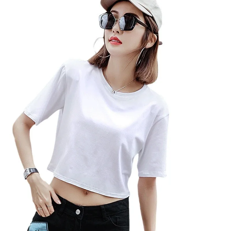 ファイオナブル レディース ルーズ ラウンドネック コットン Tシャツ へそ出し カラーベース シャツ スイート スタイル 春夏