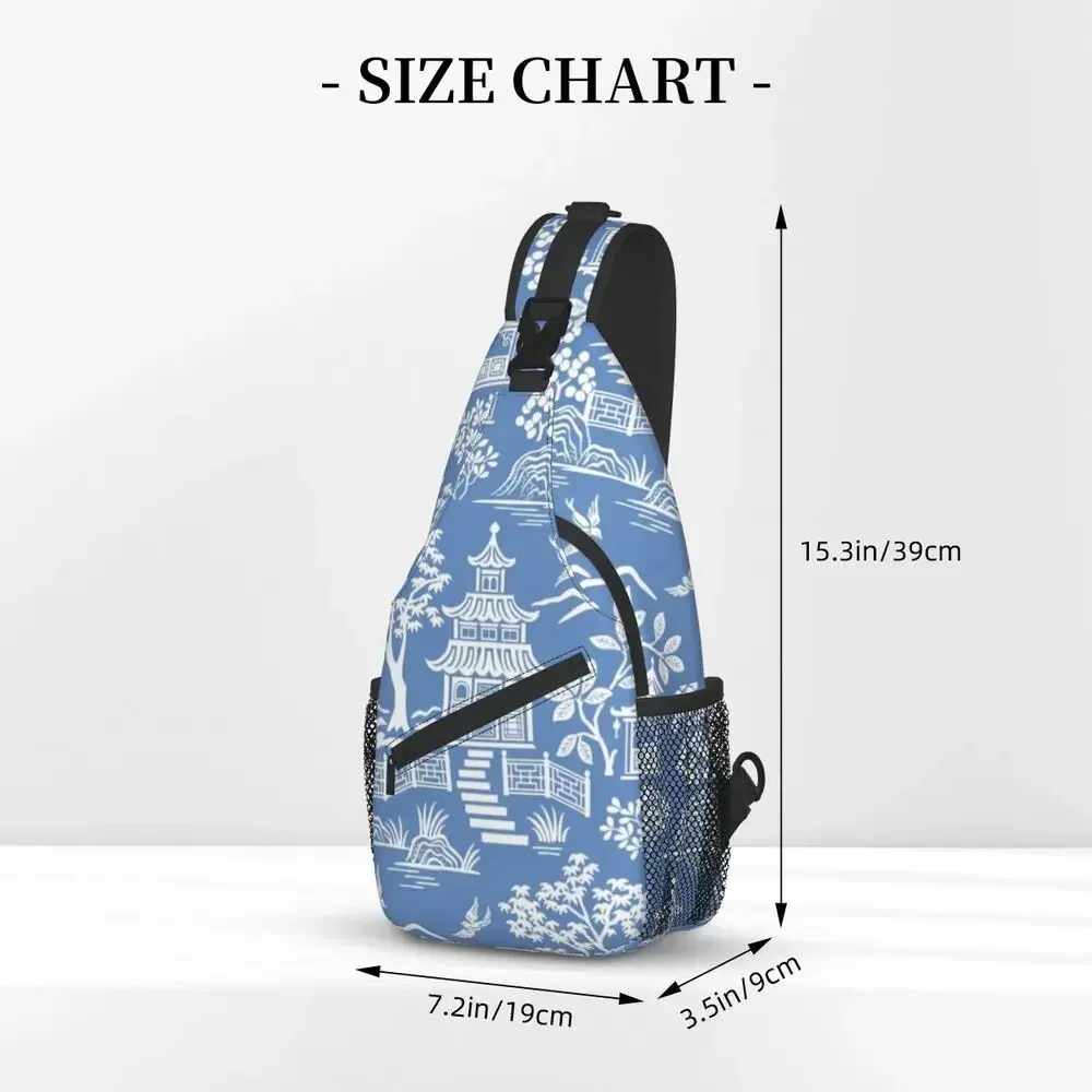 Chinoiserie Pagode Ancien Blue Delft Wilg Sling Tassen Voor Fietsen Camping Mannen Oosterse Stijl Crossbody Borst Rugzak Dagrugzak